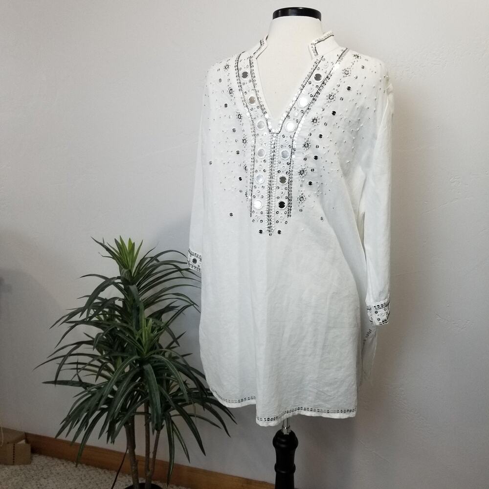 Chicos Tunic Top Womens 3 16/18 White Linen Beaded Embroidered Sequin Mirror
